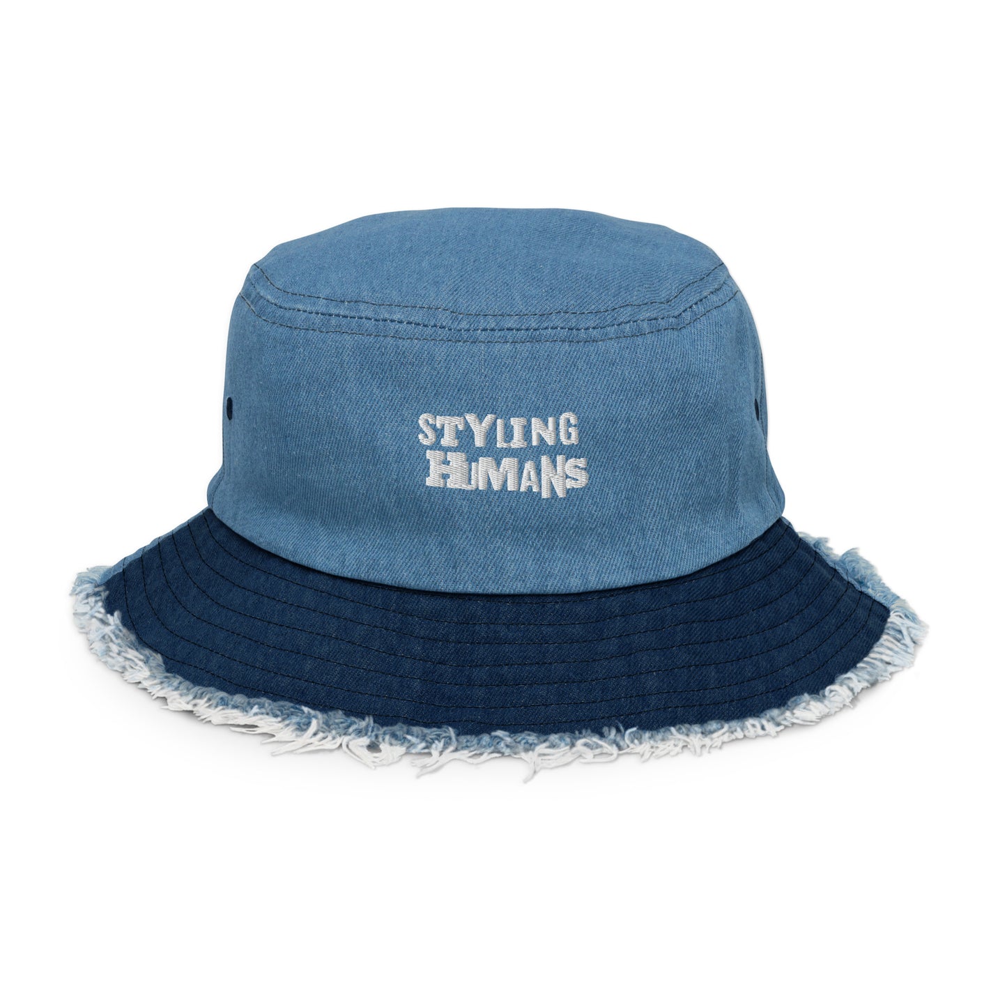 Distressed denim bucket hat white