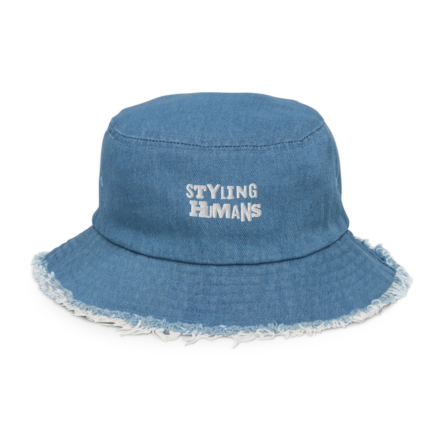 Distressed denim bucket hat white